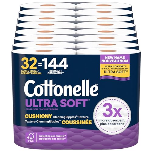 Cottonelle Toilet Paper, 32 Family Mega Rolls = 144 Regular Rolls (8 Packs of 4), Ultra Soft, Soft Bathroom Tissue, 296 Sheets per Roll, Packaging May Vary | Equals 144 Regular Rolls, 8-Pack of 4, Flushable, Plant-based, Unscented, Packaging May Vary