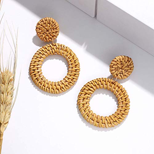 Rattan Earrings for Women Girls Handmade Lightweight Wicker Straw Stud Earrings Statement Weaving Braid Drop Dangle Earring Set(2pair) - Thumbnail 2