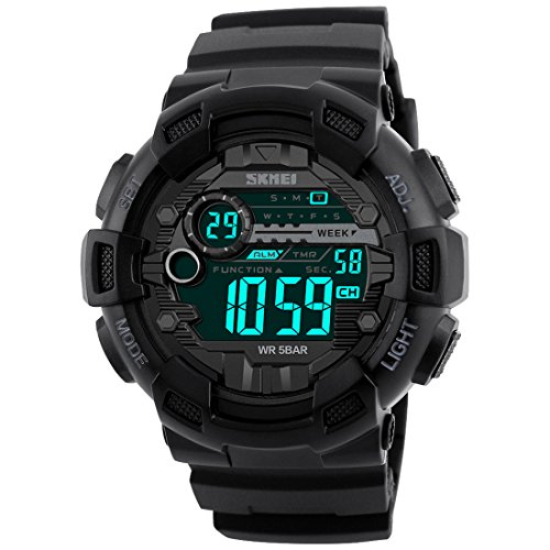 Digital Watch Men Waterproof Sports Watch - Timer, Alarm, Countdown, 165FT Water Resistant, Black