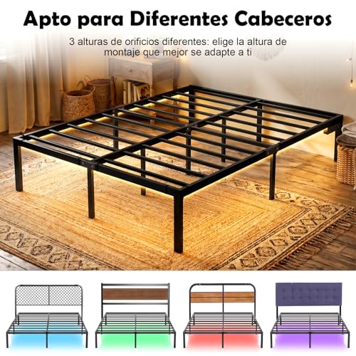 FURRIFIC Base Cama Matrimonial con Lámpara LED RGB Inteligente–2 Puertos USB + 2 Enchufes de CA, Control por App y Remoto, Espacio de Almacenamiento Debajo de la Cama, Marco Resistente