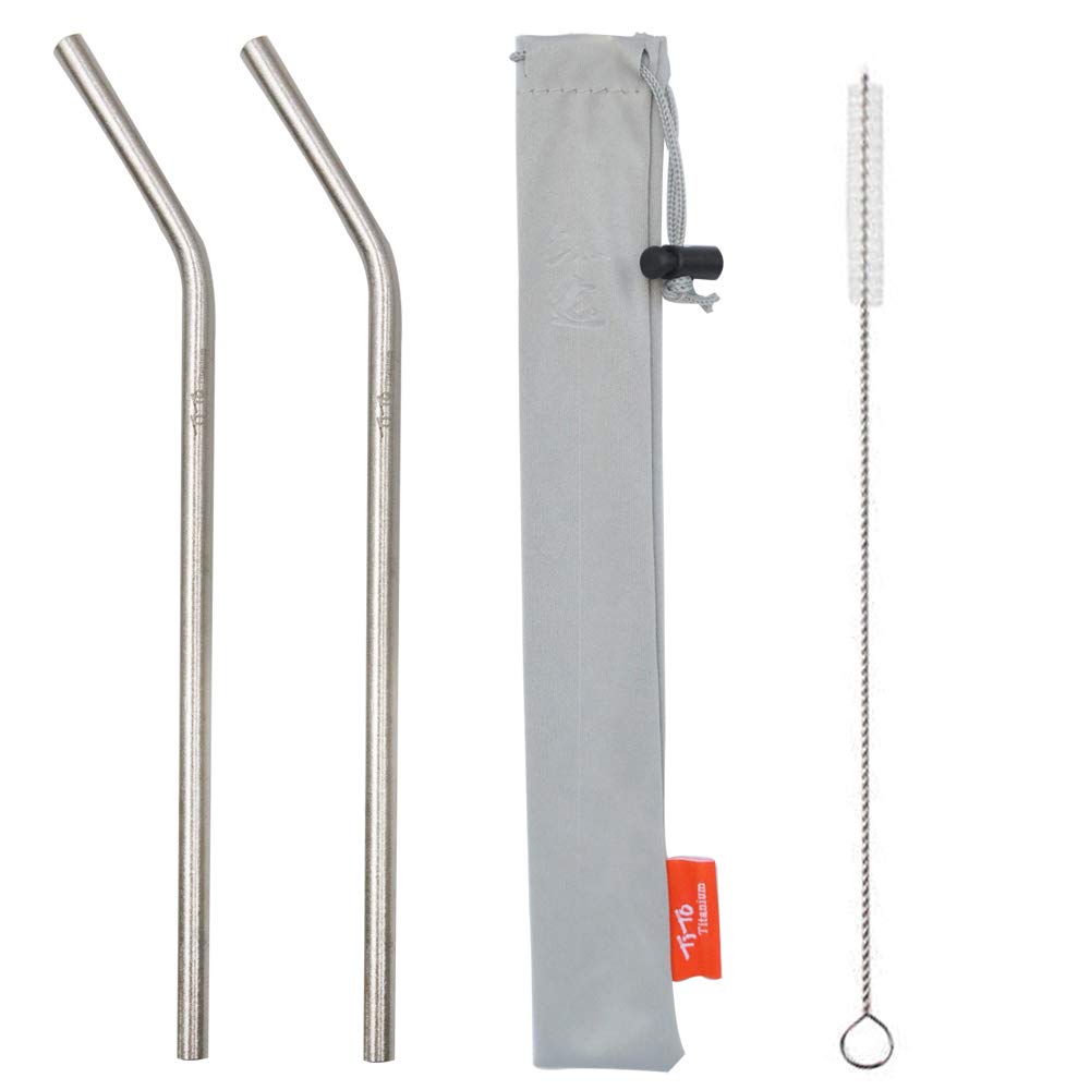 TiTo 2Pcs Titanium Metal Straw Reusable Colorful Ultralight Drinking Straws with Cleaning Brush and Bag for Smoothie, Milkshake, Cocktail and Hot Drinks(Titanium,Straight)