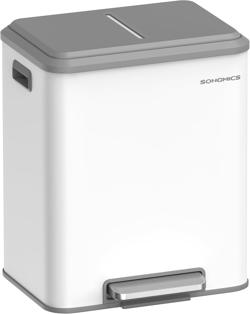 SONGMICS Kitchen Bin 2 x 4 Gal Double Bin Steel Soft-Close Lid Cloud White