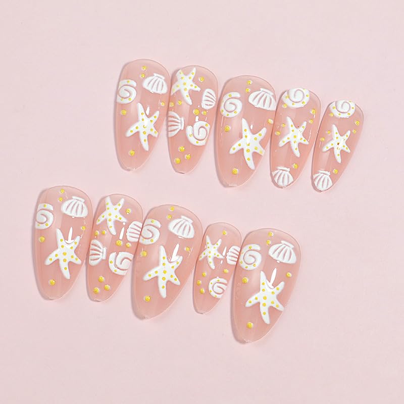 Summer Press on Nails Almond Beach Fake Nails 3D Ocean Acrylic Nails White Sea Shell Starfish Artificial Nails Medium Length False Nails Glue on Nails for Women Girls Manicure 24Pcs - Image 3