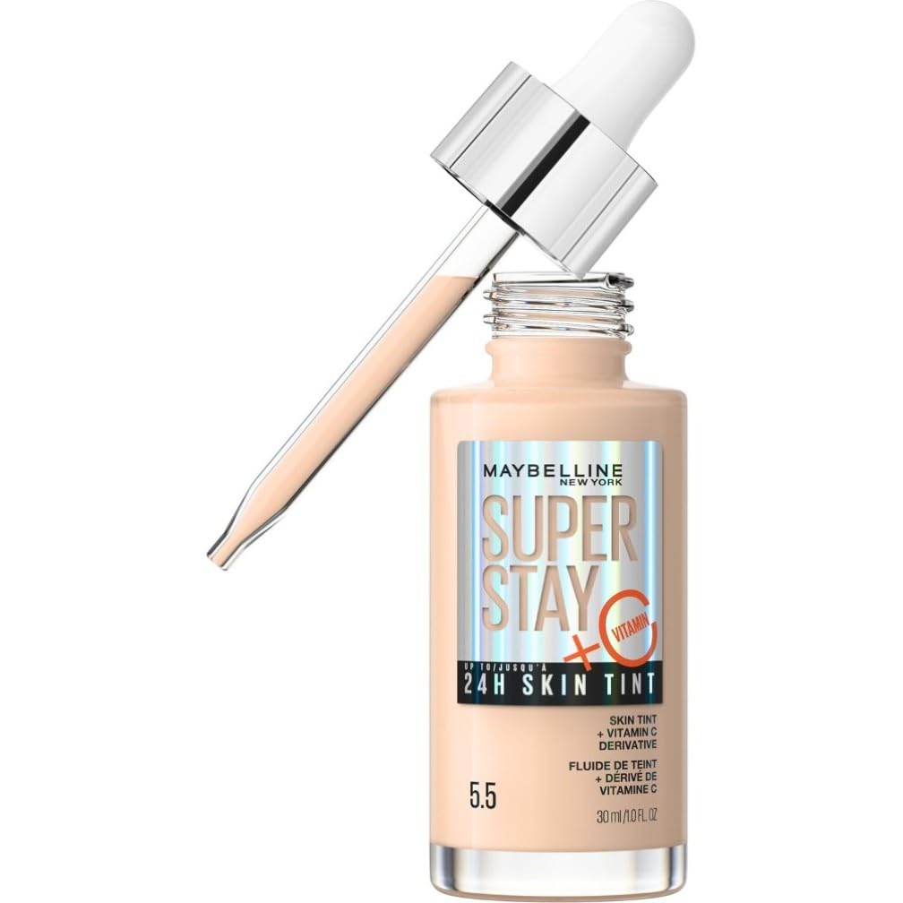 Maybelline Super Stay Skin Tint Foundation, With Vitamin C*, Brighten and Glow Serum Foundation with Long-Lasting, Buildable Coverage, Up to 24H Wear, Vegan Formula, Shade 05.5