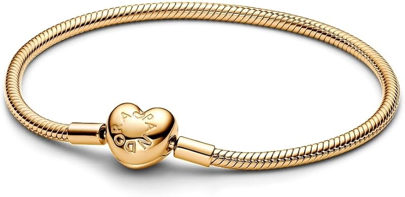 Moments pulsera de cadena de serpiente con cierre de corazón en plata de primera ley con aleación metálica chapada en oro, compatible con Moments, tamaño: 18, 563050C00-18