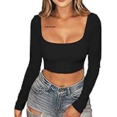 XXTAXN Women's Sexy Bodycon Fitted Square Neck Long Sleeve Basic T-Shirt Crop Top