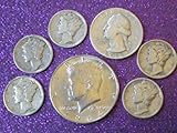 90% Silver Coin Lot 1964 Kennedy Half Dollar, Washington Quarter & 5 Mercury Dimes. All with Good Details