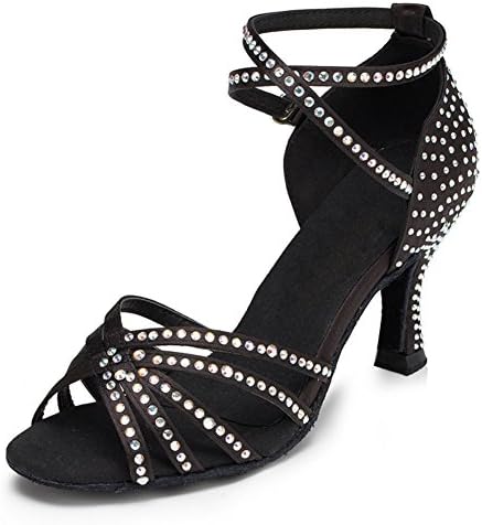 Yiteli Women's Latin Ballroom Dance Shoes Salsa Tango Open-toe Sandals,Black Satin,7.5 D(M) US