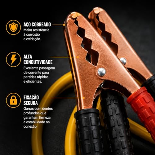 Cabo Chupeta Automotivo 800A — 2,5 Metros, Fio10mm, Garras Aço Cobreado, 12V e 24V com Bolsa, para Carro, Moto e Caminhão
