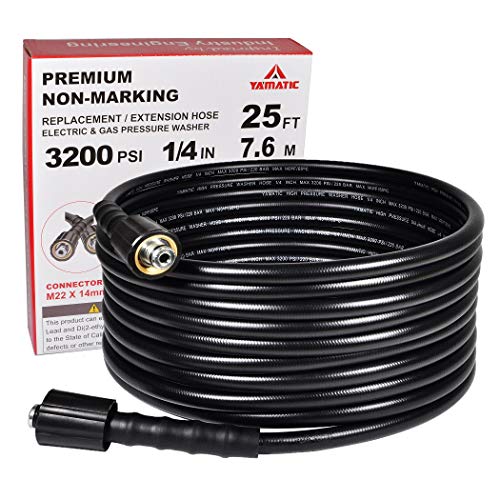 YAMATIC Anti-kink 1/4" 3200 PSI 25 FT Pressure Washer Hose With M22-14mm Brass Thread Fit Most Brand Pressure Washer Replacement