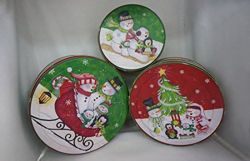 Beautiful round Christmas themed set of 3 storage tins, shabby chic, with, snowman on the lid and side of the tins