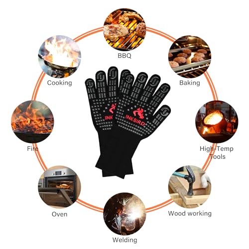 INKBIRD BBQ Gloves 800°C Extreme Heat Resistant Grill Gloves, Insulated Grilling Mitts for Kitchen Cooking, Baking, Smoking Use, Non-Slip Silicone, 14cm Long Arm Protection, Comfortable Cotton Lining
