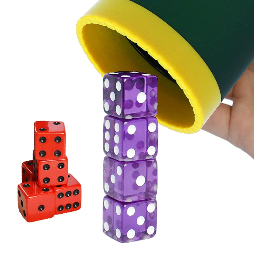 MEISHUNUK Dice Stacking Cup(Green) Set with 4 Pcs 19mm(Puple) and 5 Pcs 18mm(Red) Standard 6 Sided Dices, with Storage Bag-Magic Tricks Instruction