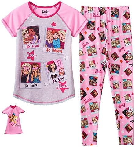 Barbie Pajamas for Girls Pants Shirt and Doll Nightgown 3 Piece Set (6)