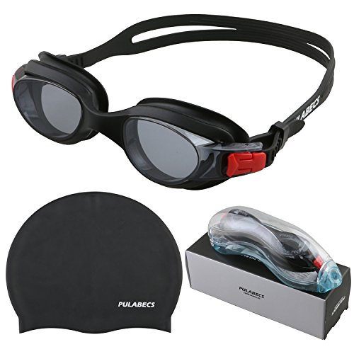 Pulabecs Swimming Goggles And Cap With AntiFog UV 400 Clear Lenses For