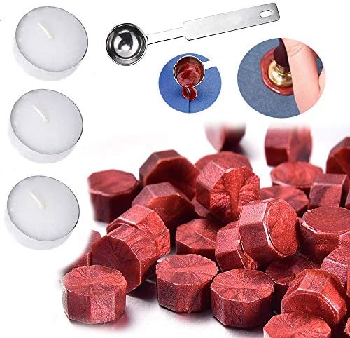 TSAOYA 235 Sealing Wax Beads with 3 Pieces Tea Candles and 1 Piece Wax Melting Spoon for Craft Adhesive Waxing (Wine Red) (Letter Wax Seal Set)