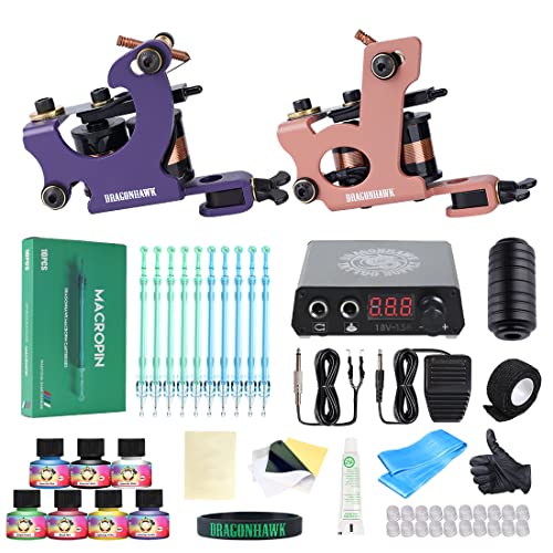 Dragonhawk Macropin Complete Tattoo Kit Two Coils Machines Gun Cartridges Needles Power Supply