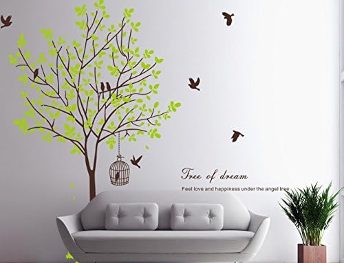 Huge Tree and Flying Brids Wall Decal for Living Room TV Background Removable Decoration Art Sticker 76.8x66.9",Brown+Green