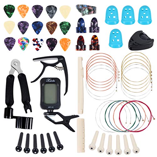 Guitar Accessories Kit 61 Pcs - Guitar Picks & Capo & Tuner & Acoustic Guitar Strings & 3 in 1 Guitar String Winder Cutter Pins Puller & String Bone Bridge Saddle & Bridge Pins and Nut & Finger Picks