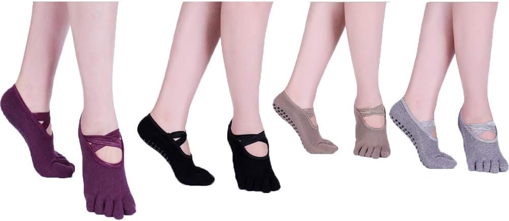 Women Five Toe Yoga Socks， 4 Pairs Non Skid Socks Full Toe Grip Socks for Pilates Dance Workout Trampoline Playrooms Barefoot at Home(Purple,Black,Grey,Coffee)