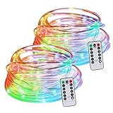 LEDIKON 2 Pack Multi Color LED Rope Lights Battery Powered,Waterproof 33ft 100 LED Dimmable Outdoor Fairy String Lights,Firefly Lights Remote Control with Timer for Christmas,Patio,Party,Unicorn Decor