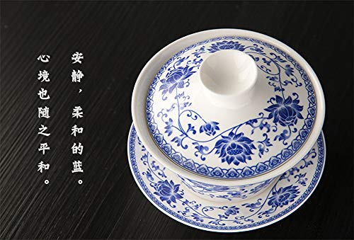 Chinese Porcelain Teacups 6.7oz Gaiwan Flower Tureen Tradition Sancai Cover Bowl Lip Cup Saucer Tea Set for Loose Tea Espresso (200ml Blue lotus)