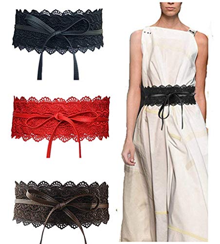 Women's Lace Belt Bow Tie Wrap Around Obi Waist Band Cincher Boho Soft PU Faux Leather For Dresses (Coffee)