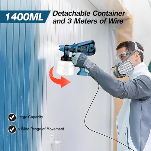Paint Sprayer, Couleeur 800W & 1400ML Electric Spray Gun, 3 Spraying Modes Fence Paint Sprayer with 5 Copper Nozzles for Walls, Fences, Wood and Ceilings (Blue)