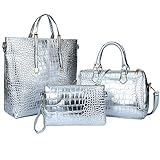 Women Handbag,Women Bag,KINGH Crocodile PU Leather 3 Pcs Tote Handbag Purse Set 102 Silver