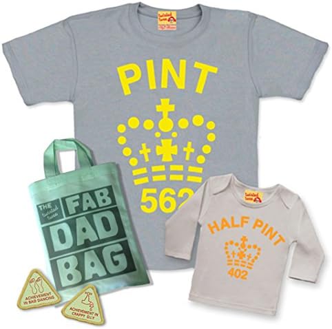 Matching Pint & Half Pint T Shirt Set for Father & Son or Daughter - Grey Citrus - with Fab Dad Goody Bag and Extra dad Treats.