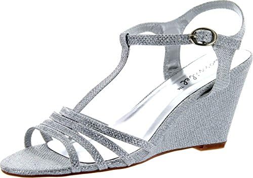 BonnibelWomens Flosa-1 Glitter T Strap Wedge Dress Sandals,Silver,8.5
