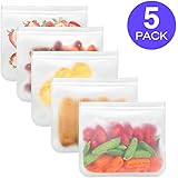 Reusable Food Storage Bags - Large 5 Pack Ziplock Freezer Sandwich Bags | Leakproof Dual Seal | BPA Approved PEVA | Lunch, Make-up, Travel & Home