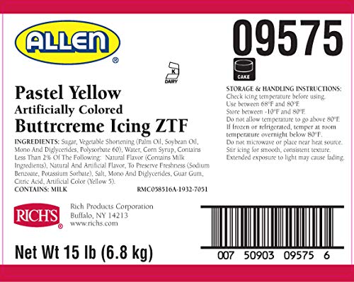 Rich's JW Allen Pre-Whipped Buttrcreme Icing ZTF, Pastel Yellow, 15 lb