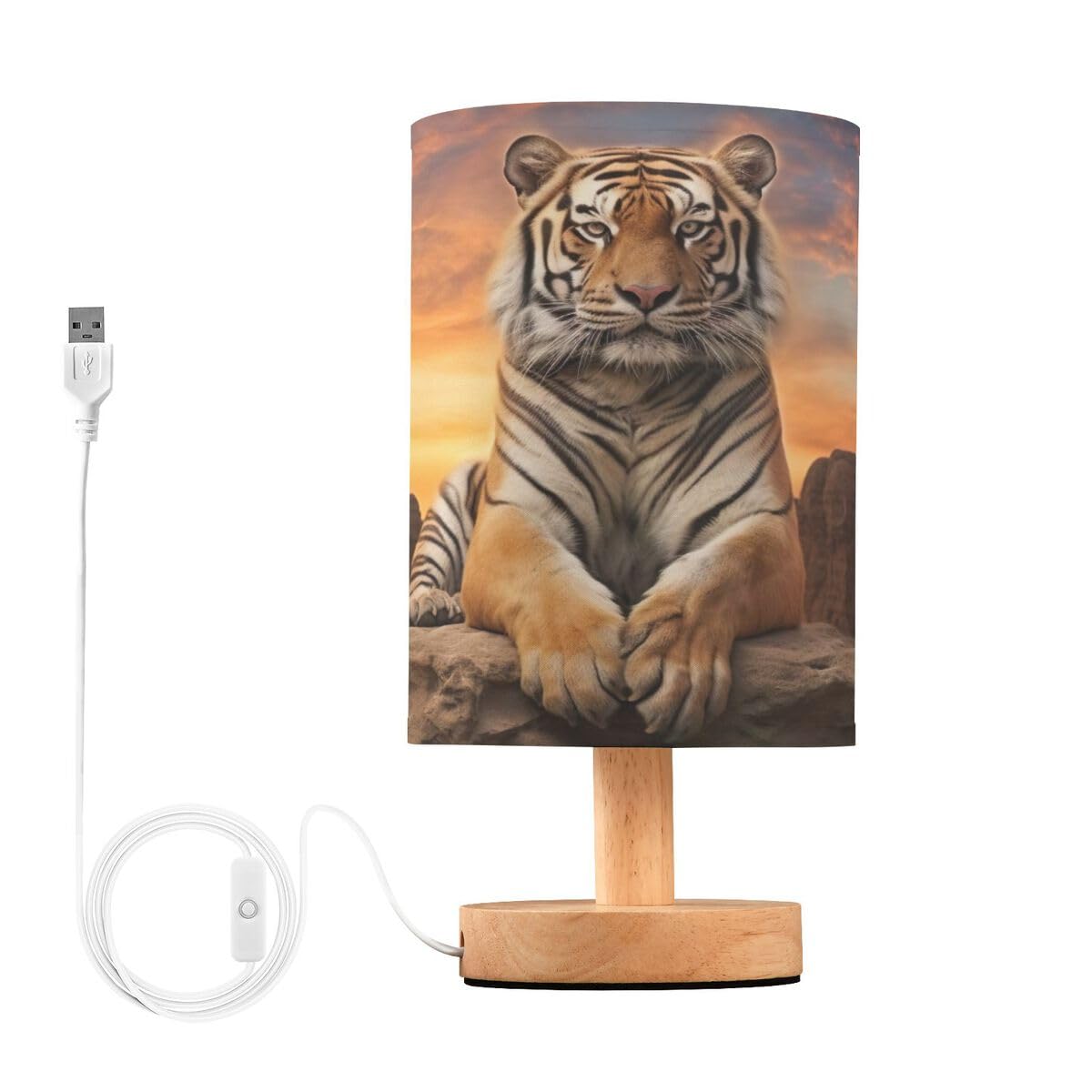 JUMBEAR Fierce Tiger Bedside Table Lamp with USB Port -Nightstand Lamp with Flaxen Fabric Shade for Living Room, Dorm, Home Office (LED Bulb Included) — image 1