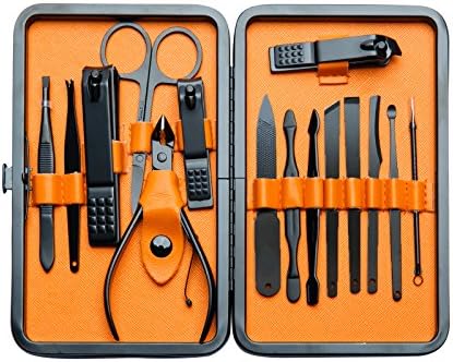 Euryno Professional Stainless Steel Black Polishing Nail Clipper Travel &amp; Grooming Kit Nail Tools Manicure &amp; Pedicure Set of 15 pcs with Stylish Case(Orange)