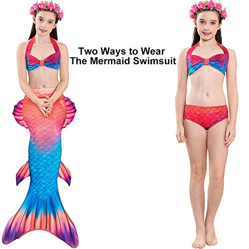 3 PCS Girls Mermaid Tail Swimsuit for Swimming Bikini Princess Can Add Monofin (C-Temperament Red, 9-10T / (Tag 140) / Ht51-54in)