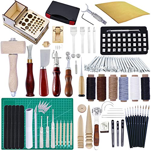 126pcs Leather Working Supplies MIUSIE Abundant Leather Stamping Kit with Letter and Number Stamp Set,Tanned Leather,Leather Working Saddle Tools and Instruction for Leather Working,Leather M - Thumbnail 7