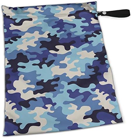 Camouflage Camo Blue Army Military Tactical Premium Wet Bag Baby Wet Dry Cloth Diaper Nappy Stroller Bags Waterproof Reusable Wet Bags for Swimsuit Wet Clothes Baby Items with Zipper
