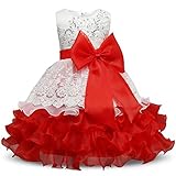NNJXD Girl Ruffles Vintage Embroidered Sequins Flower Wedding Dress Size (140) 6-7 Years Red