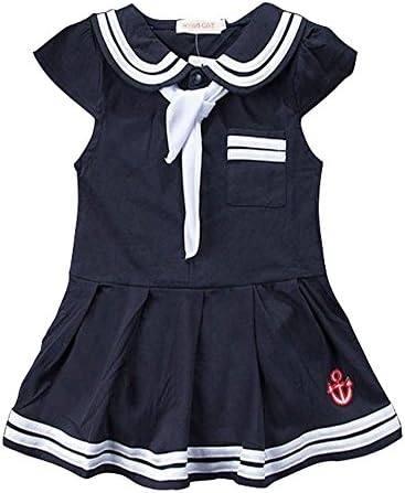Baby Girls Sailor Style Dress Lapel Navy Cotton Dress with Big Bow Tie
