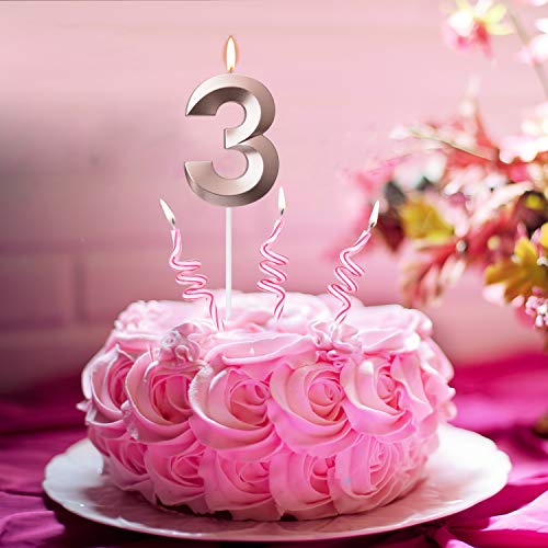 Birthday Candles Cake Number Candles - 2.76 INCHES Rose Gold Glitter Numeral Candles, Cake Topper Decorations for Birthdays, Weddings, Reunions, Theme Party, Candles Number (Birthday Candle 3)