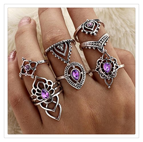Hmlai Clearance! 7Pcs/Set Women Rings Set Natural Gemstone Fire Opal Diamond Ring Wedding Engagement Jewelry Gift - Thumbnail 2