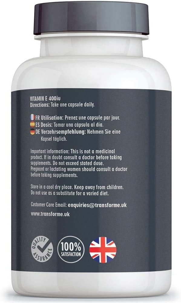 Transforme Vitamin E Capsules 400iu, 180 High Absorption Softgels for Skin Eyes & Immune System, 6 Month Supply, Gluten Free, UK Made - Image 4
