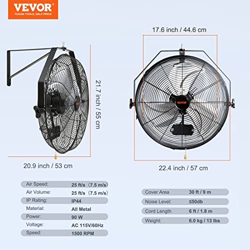 VEVOR 18 Inch Wall Mount Fan, 3-Speed IP44 Waterproof Industrial Fan, Max. 4150 CFM for Outdoor, Commercial, Residential, Greenhouse, Workshop, ETL Listed, 2-Pack