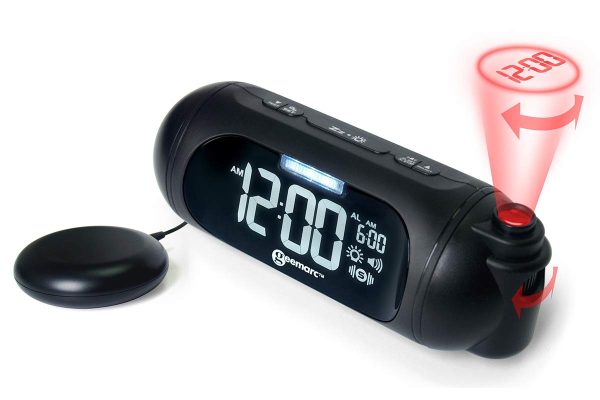 Geemarc Wake n Shake Spot-Extra Loud Alarm Clock with a Projector and a Powerful Shaker Pad-UK Version