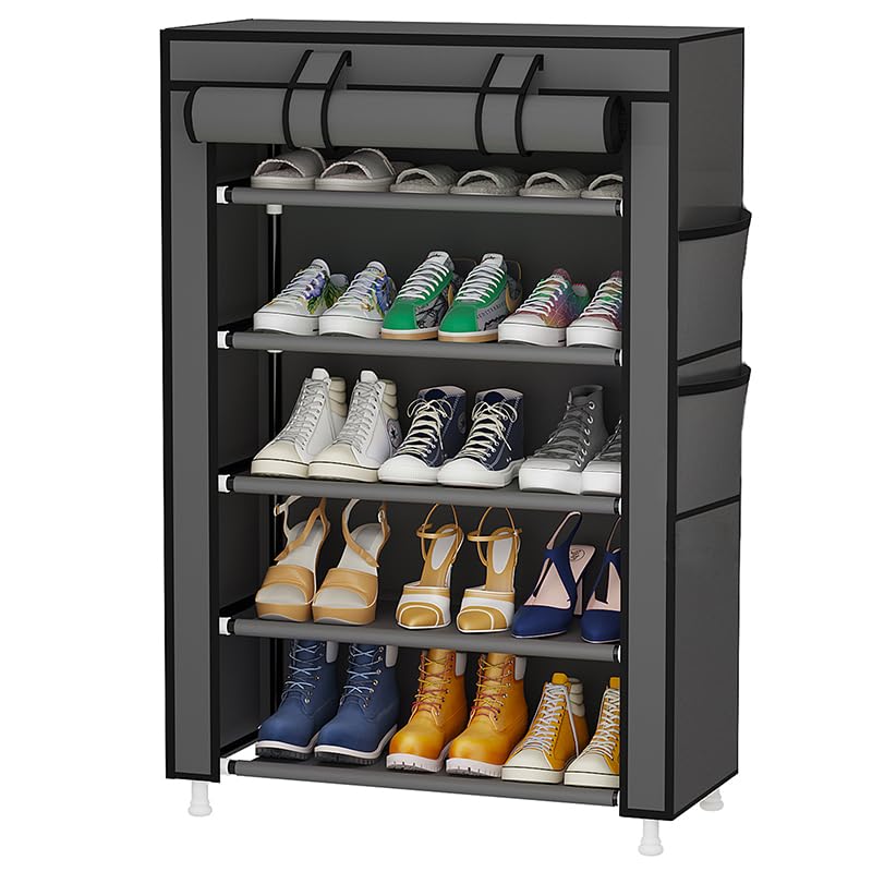 Photo 1 of Calmootey 5 Tier Shoe Rack Organizer,Portable Shoe Shelf with Nonwoven Fabric Cover for Closet Hallway,Bedroom,Entryway,Grey