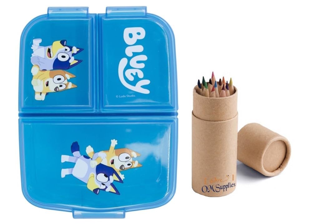 Reusable Sandwich Lunch Box 3 Multi Compartment Kids Children School Includes Half Size 12pcs Pencil Set (Blue)