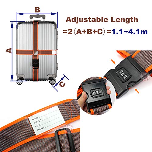 XinPei 2 pcs 4.1m Adjustable Cross Luggage Straps with Combination Lock, 2 pcs Cartoon Luggage Taps, 2 pcs Luggage Locks with Code