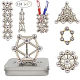 NEW 132pcs Magnet Construction Set Magnetic Stick and Balls Building Blocks Fidget Toy Sets, Metal Puzzle Desk Office Toys Game with Instruction Booklet for Kids and Adults (Darksilver-12mm)