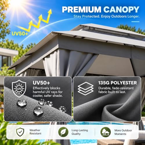 LAUSAINT HOME 10x12 Gazebo Canopy with Netting, Curtains & Double Roof image 15